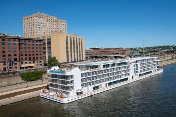 Viking river cruise ship docked in a city