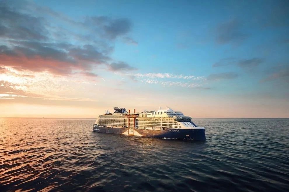 Celebrity Apex cruise ship at sunset